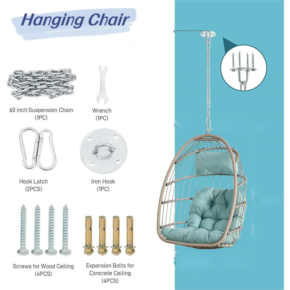 Outdoor Garden Rattan Egg Swing Chair Hanging Chair Wood+Khaki