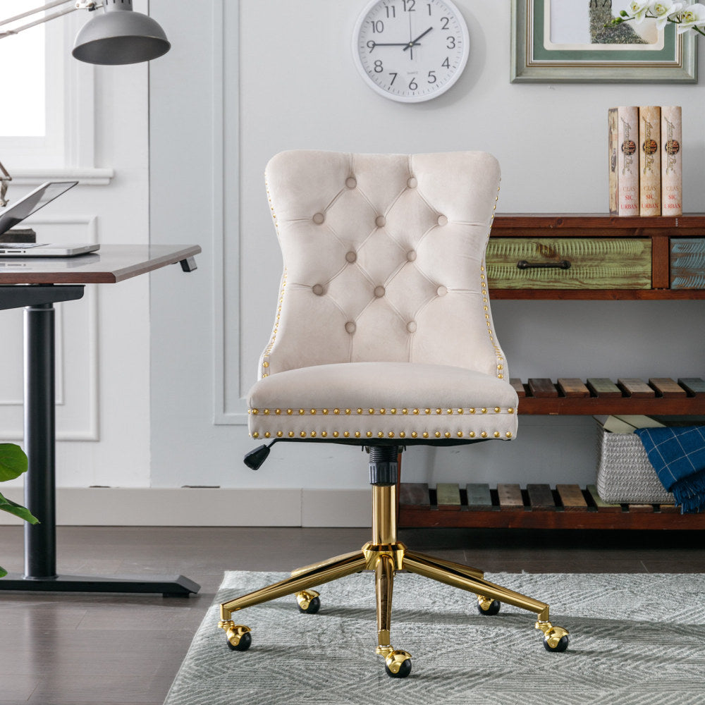 A&A Furniture Office Chair,Modern Velvet Upholstered Tufted Button Home Office Chair with Golden Metal Base,Adjustable Desk Chair Swivel Office Chair (Gray)