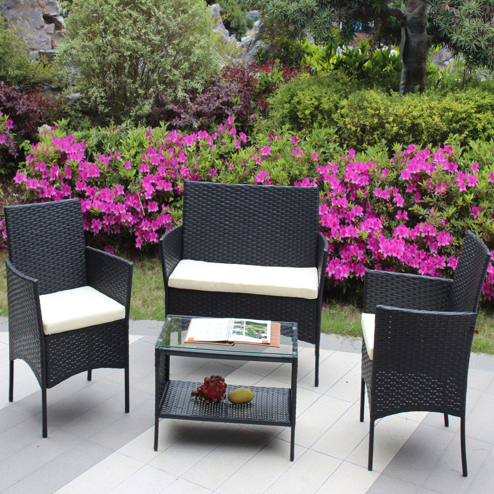 4 PC Rattan Patio Furniture Set Outdoor Patio Cushioned Seat Wicker Sofa (green Cushion)