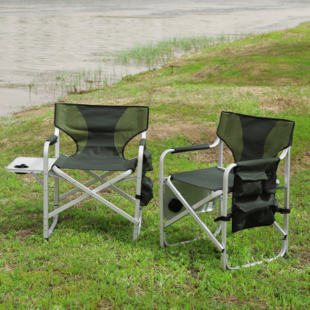 2-piece Padded Folding Outdoor Chair with Side Table and Storage Pockets,Lightweight Oversized Directors Chair for indoor, Outdoor Camping, Picnics and Fishing,Black/Grey