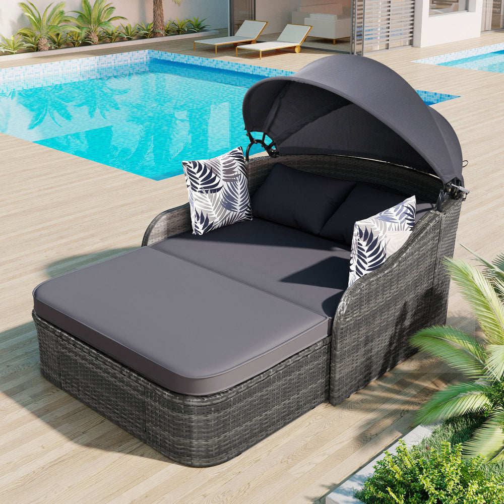 GO 79.9" Outdoor Sunbed with Adjustable Canopy, Double lounge, PE Rattan Daybed, Black Wicker and Blue Cushion
