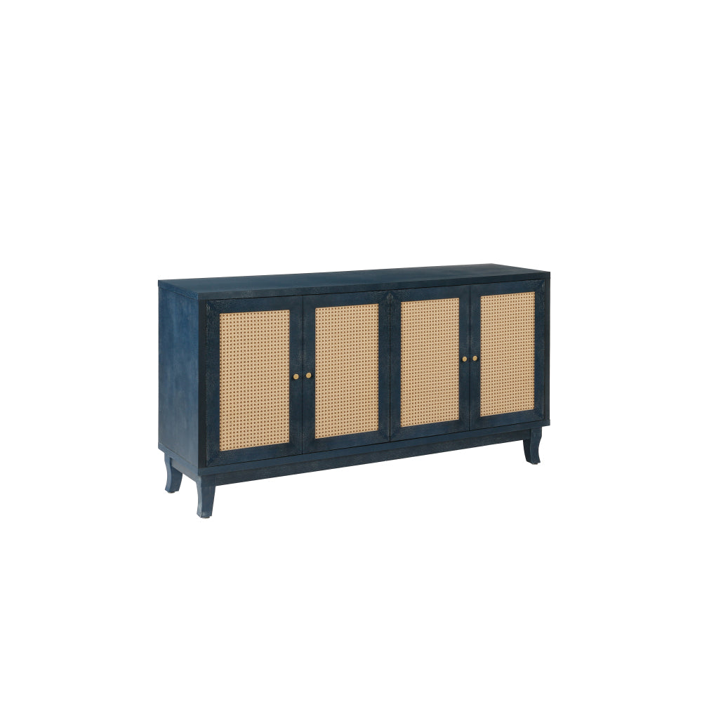 Handcrafted Premium Grain Panels,Rattan Sideboard Buffer Cabinet,Accent Storage Cabinet With 4 Rattan Doors, Modern Storage Cupboard Console Table with Adjustable Shelves for Living Room ,BLUE