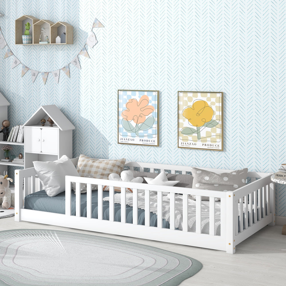Twin Size Floor Bed with Fence without Door, Rubber Wood Floor Bed with Safety Guardrails,White
