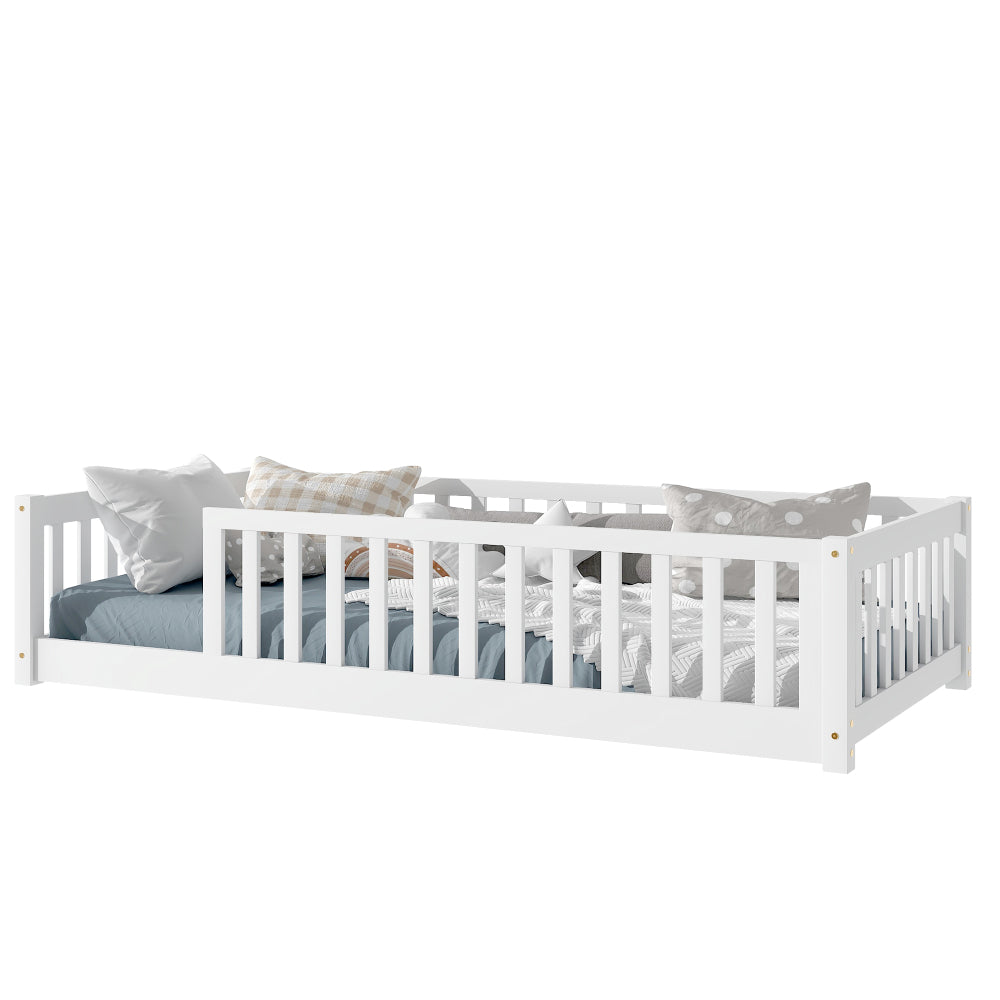 Twin Size Floor Bed with Fence without Door, Rubber Wood Floor Bed with Safety Guardrails,White