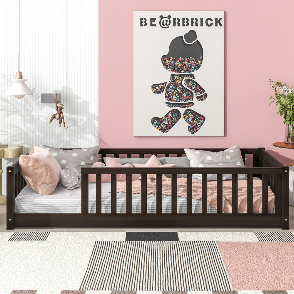 Twin Size Floor Bed with Fence without Door, Rubber Wood Floor Bed with Safety Guardrails,White