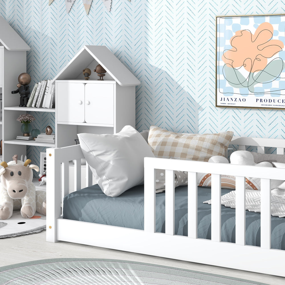 Twin Size Floor Bed with Fence without Door, Rubber Wood Floor Bed with Safety Guardrails,White