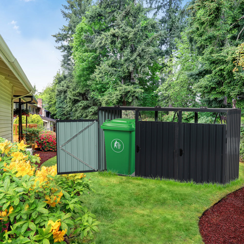 Garbage Bin Shed Stores 2 Trash Cans Metal Outdoor Bin Shed for Garbage Storage,Stainless Galvanized Steel, Bin Shed for Garden Yard Lawn