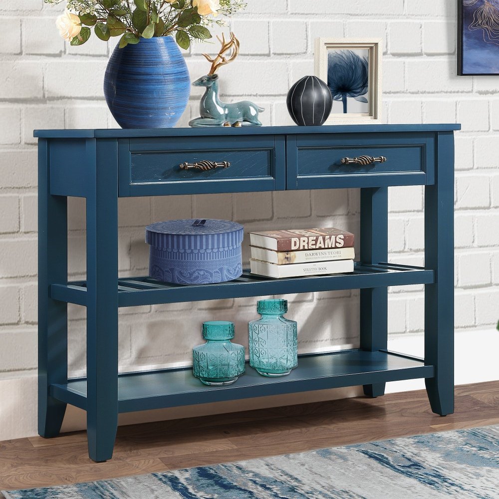 Console Sofa Table with 2 Storage Drawers and 2 Tiers Shelves, Mid-Century Style 42'' Solid Wood Buffet Sideboard for Living Room Furniture Kitchen Dining Room Entryway Hallway, Espresso