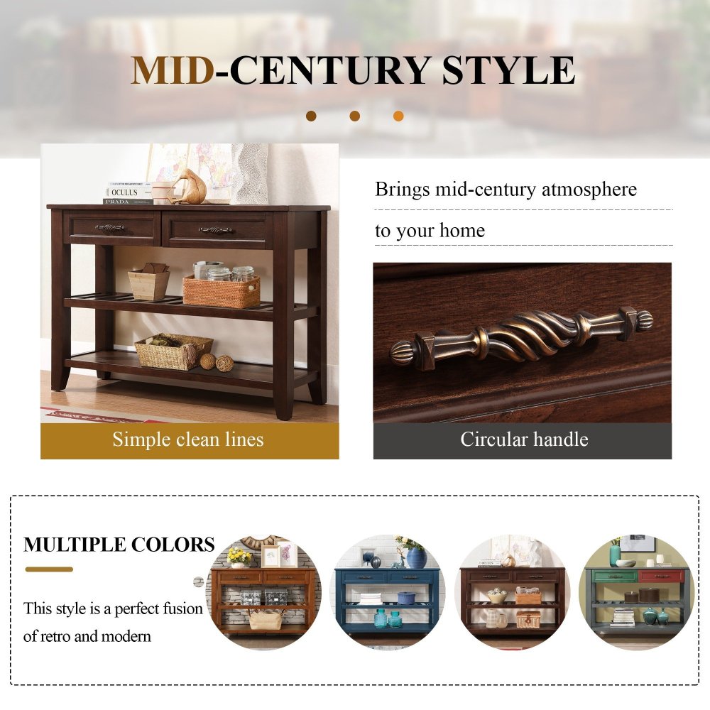 Console Sofa Table with 2 Storage Drawers and 2 Tiers Shelves, Mid-Century Style 42'' Solid Wood Buffet Sideboard for Living Room Furniture Kitchen Dining Room Entryway Hallway, Espresso