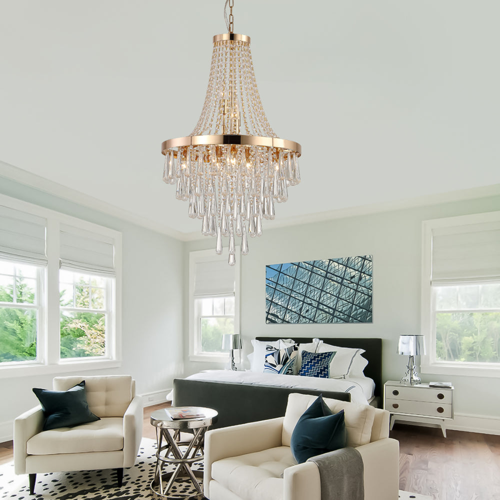 (Same as W1340102274/L5004) 20" Modern Crystal Pendant Chandelier with Golden Finish – Elegant 11-Light Hanging Light Fixture Tiered Design for Dining Room, Living Room, or Entryway (No Bulbs)