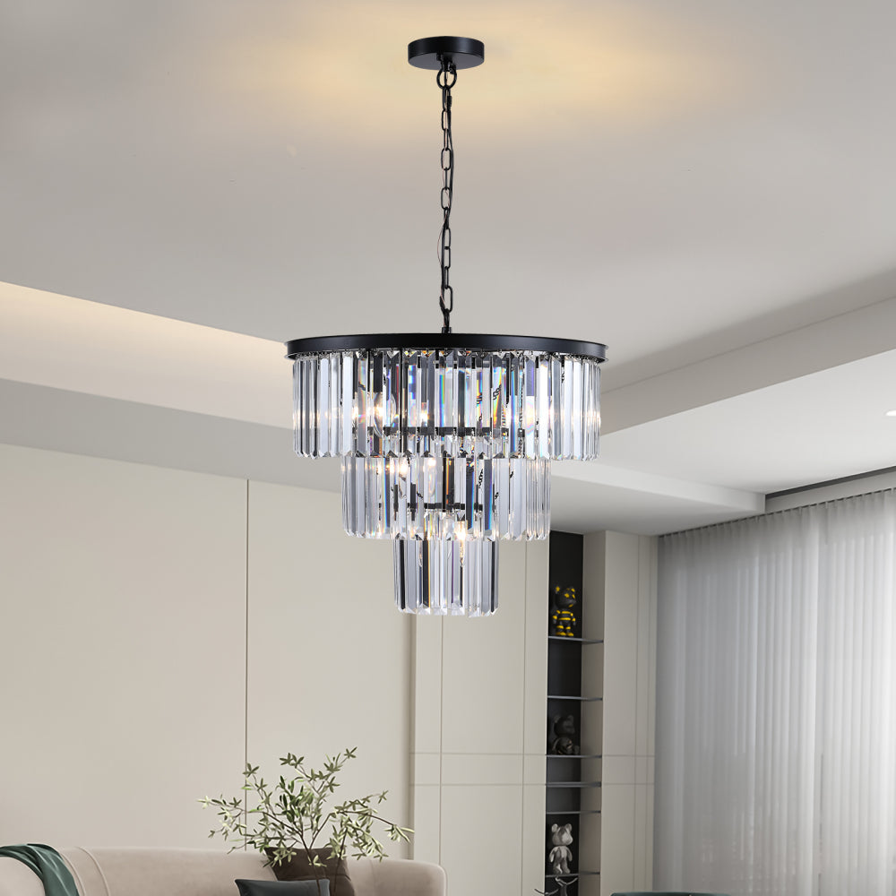 (Same as W1340P143192/L5007-500-G) 20" Luxury 3-Tier Crystal Chandelier, 7-Light Gold Frame Pendant Light, Elegant Ceiling Lighting for Living Room, Dining Room, Bedroom (No Bulbs)