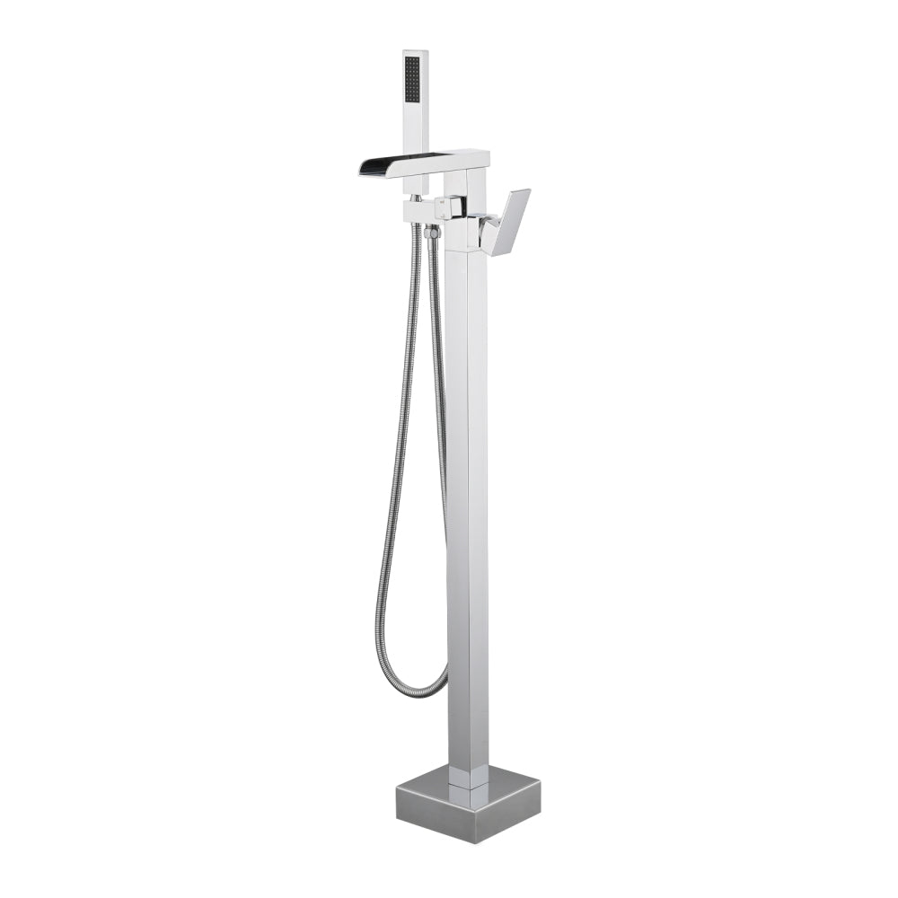 Bathroom Freestanding Waterfall Tub filler Brushed Nickel Floor Mount Faucet with Hand Shower