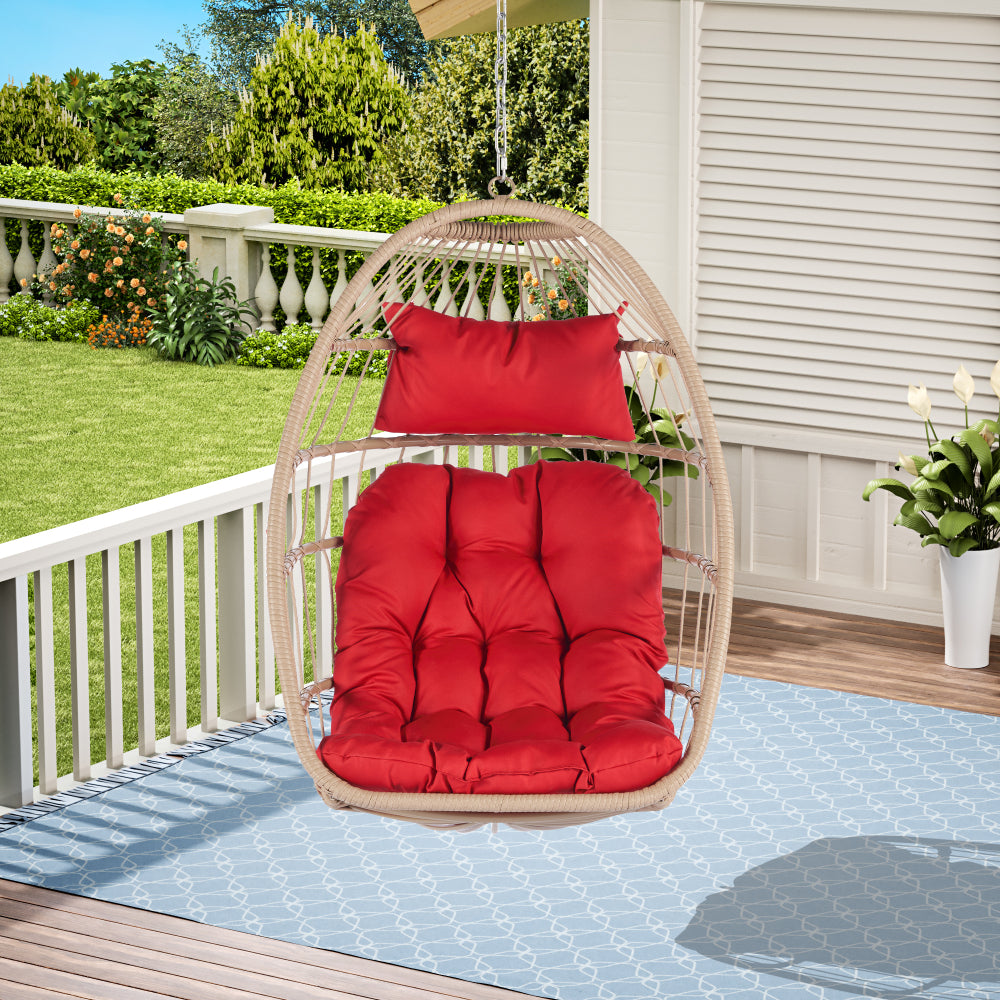Outdoor Garden Rattan Egg Swing Chair Hanging Chair Wood+Khaki