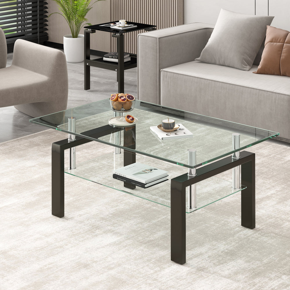 Tempered Black Glass Coffee Table, 2-Layers Tea Table