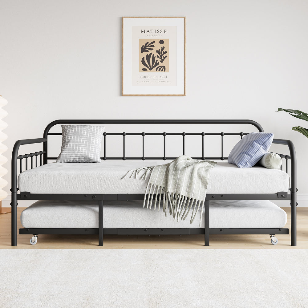 Twin Size Daybed Metal Frame with Trundle Set, Twin Day Bed Sofa, Daybed and Roll Sofa Bed for Guest Room, Bedroom, Living Room, Victorian Style, Black