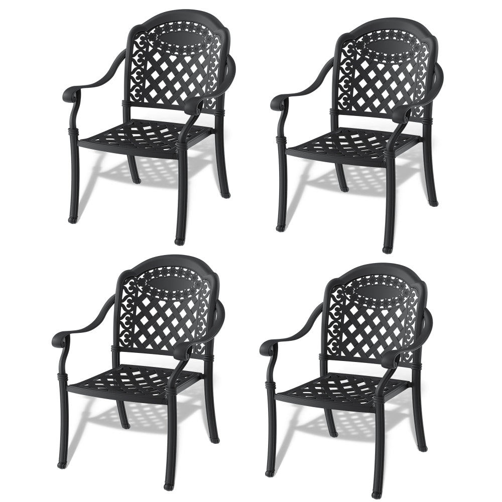 Cast Aluminum Patio Dining Chair 4PCS With Black Frame and Red Cushions