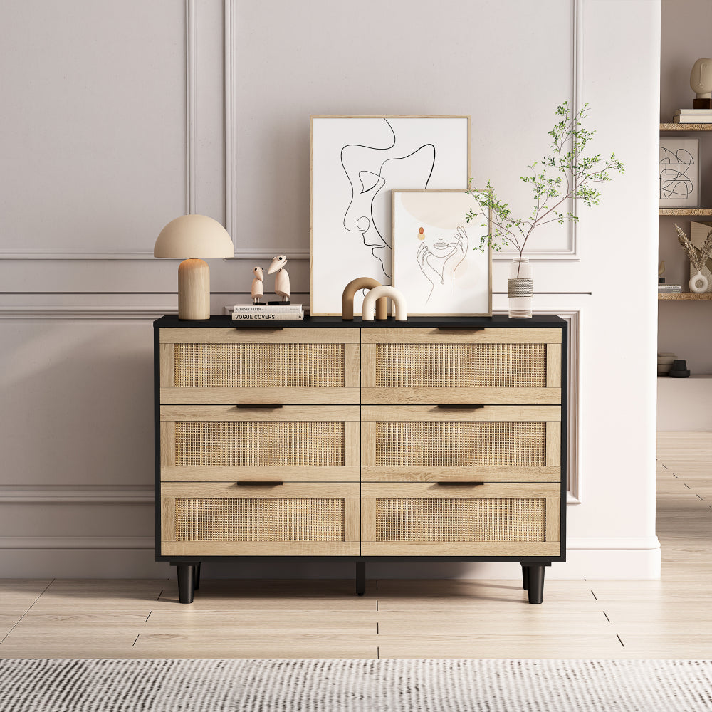 51" Rattan Dresser with Drawers, 6 Drawer Dresser for Bedroom, Clothes Storage Cabinet for Bedroom, Metal Handle&Wood Legs for Hallway, Living Room, Bedroom,Natural