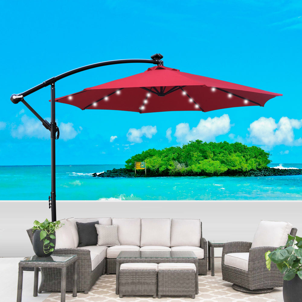 10 ft Outdoor Patio Umbrella Solar Powered LED Lighted Sun Shade Market Waterproof 8 Ribs Umbrella with Crank and Cross Base for Garden Deck Backyard Pool Shade Outside Deck Swimming Pool