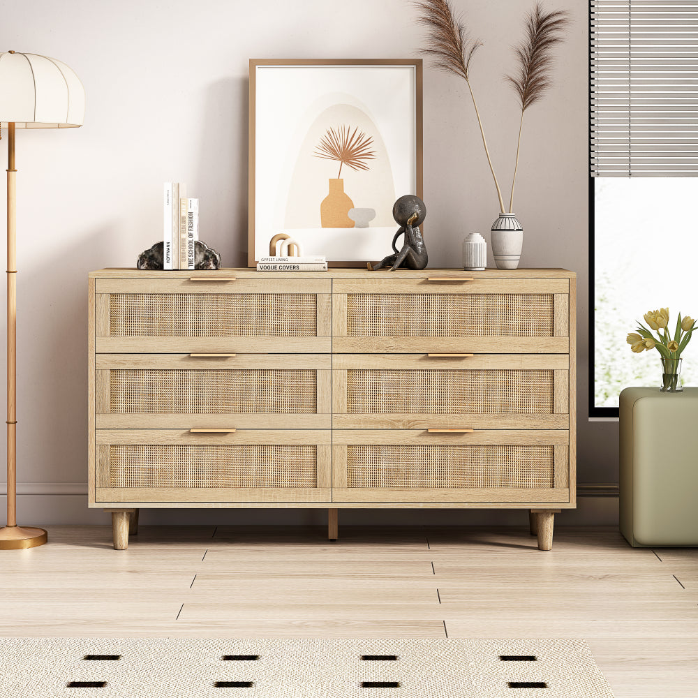 51" Rattan Dresser with Drawers, 6 Drawer Dresser for Bedroom, Clothes Storage Cabinet for Bedroom, Metal Handle&Wood Legs for Hallway, Living Room, Bedroom,Natural