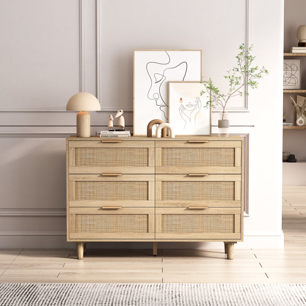 51" Rattan Dresser with Drawers, 6 Drawer Dresser for Bedroom, Clothes Storage Cabinet for Bedroom, Metal Handle&Wood Legs for Hallway, Living Room, Bedroom,Natural