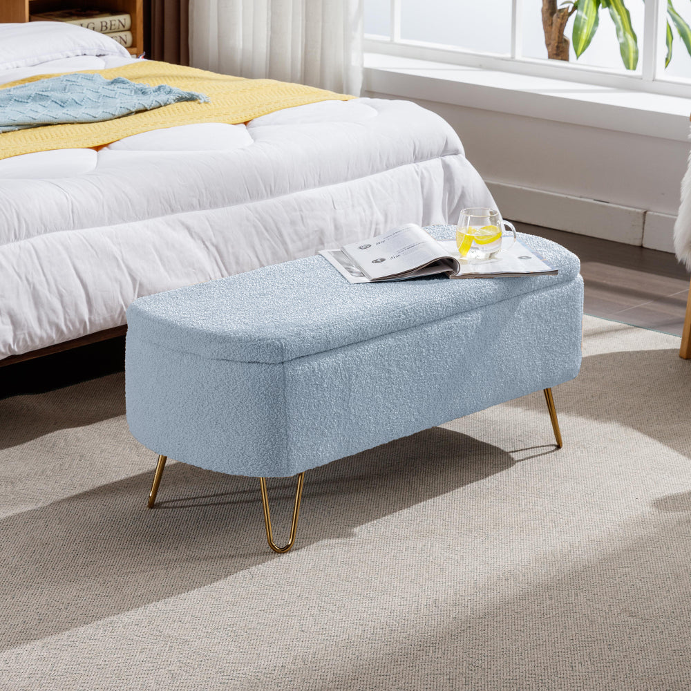 Ivory White Storage Ottoman Bench for End of Bed Gold Legs, Modern Ivory White Faux Fur Entryway Bench Upholstered Padded with Storage for Living Room Bedroom