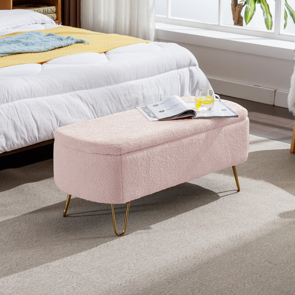 Ivory White Storage Ottoman Bench for End of Bed Gold Legs, Modern Ivory White Faux Fur Entryway Bench Upholstered Padded with Storage for Living Room Bedroom