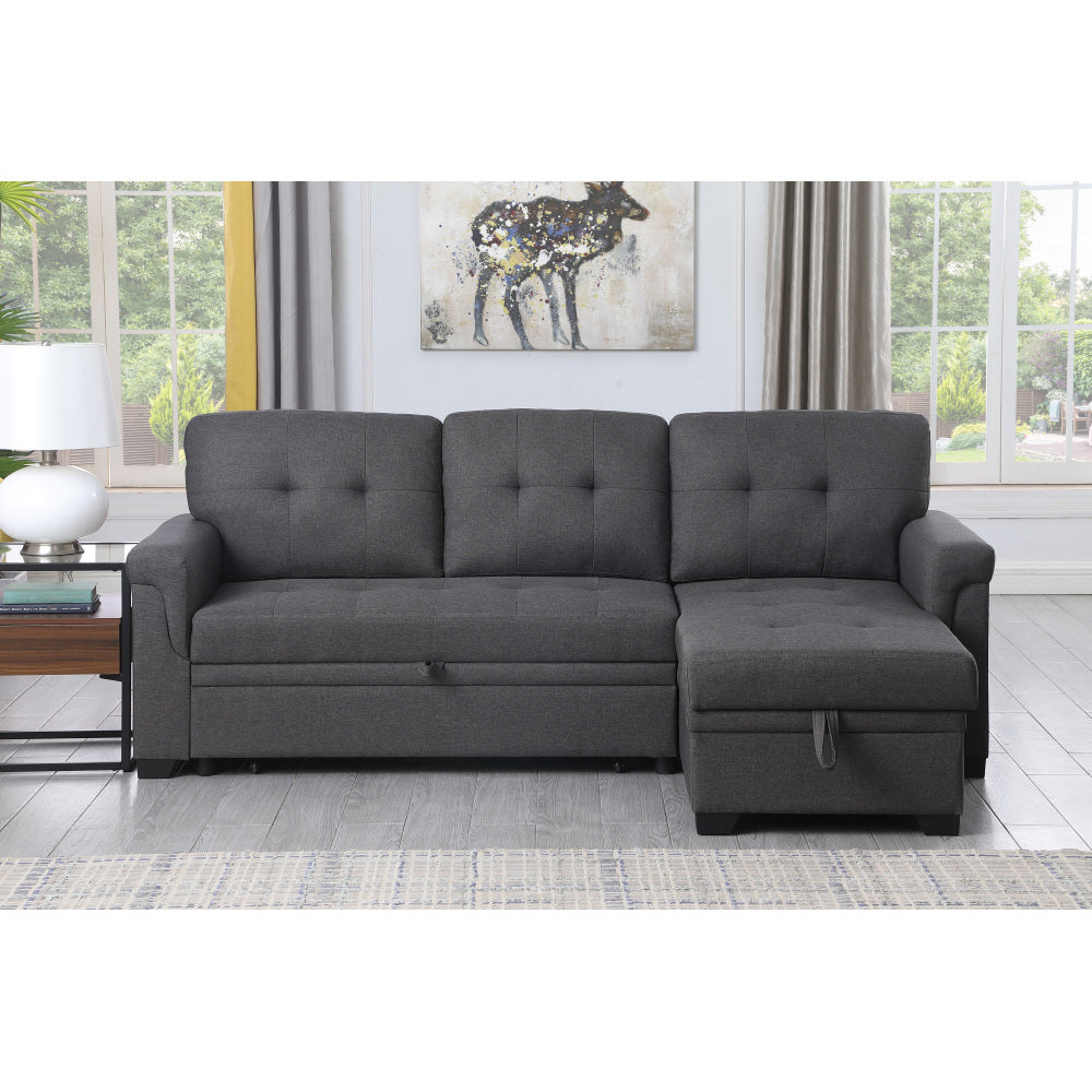 Lucca 84" Dark Gray Linen Reversible Sleeper Sectional Sofa with Storage Chaise