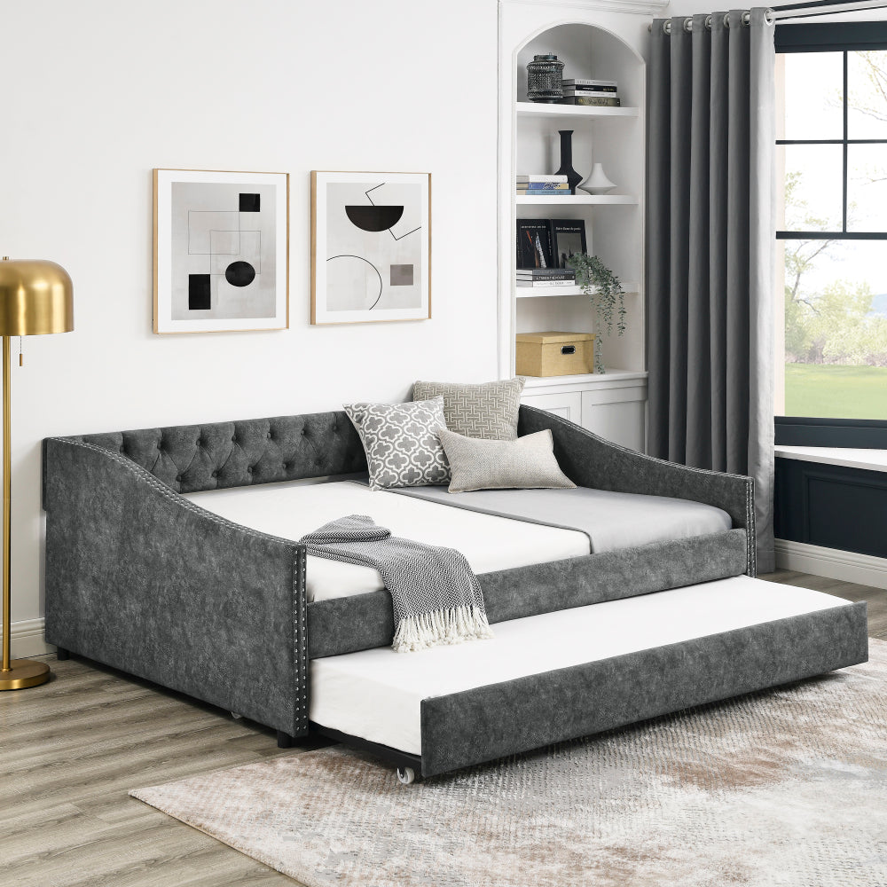 Twin Size Daybed with Twin Size Trundle Upholstered Tufted Sofa Bed, with Button on Back and Copper Nail on Waved Shape Arms, Beige (80.5"x41"x30.5")