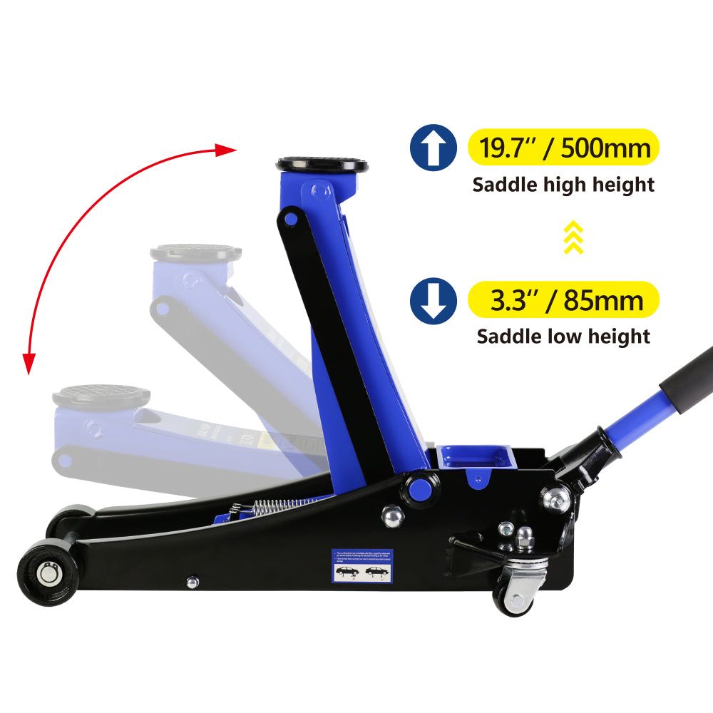 3t Low Profile Jack, Blue and Black, Ultra Low Floor Jack with Dual Pistons Quick Lift Pump, Car Jack Hydraulic AutoLifts for Home Garage, Truck Jack Hydraulic Lifting range 3.3"-19.7"