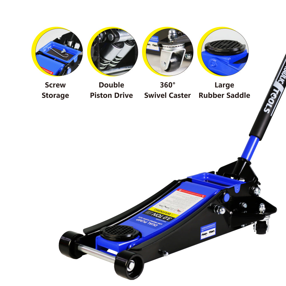 3t Low Profile Jack, Blue and Black, Ultra Low Floor Jack with Dual Pistons Quick Lift Pump, Car Jack Hydraulic AutoLifts for Home Garage, Truck Jack Hydraulic Lifting range 3.3"-19.7"