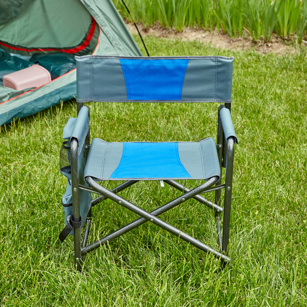 2-piece Padded Folding Outdoor Chair with Side Table and Storage Pockets,Lightweight Oversized Directors Chair for indoor, Outdoor Camping, Picnics and Fishing,Black/Grey