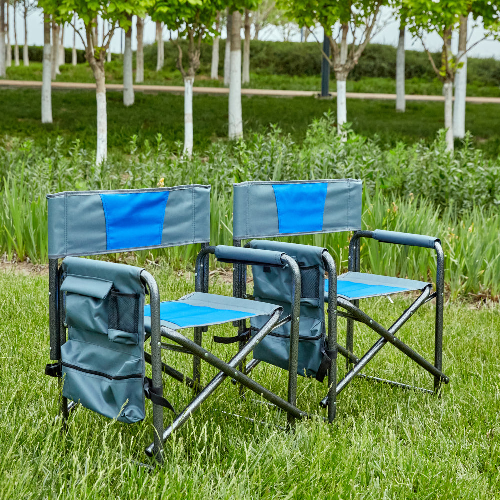 2-piece Padded Folding Outdoor Chair with Side Table and Storage Pockets,Lightweight Oversized Directors Chair for indoor, Outdoor Camping, Picnics and Fishing,Black/Grey