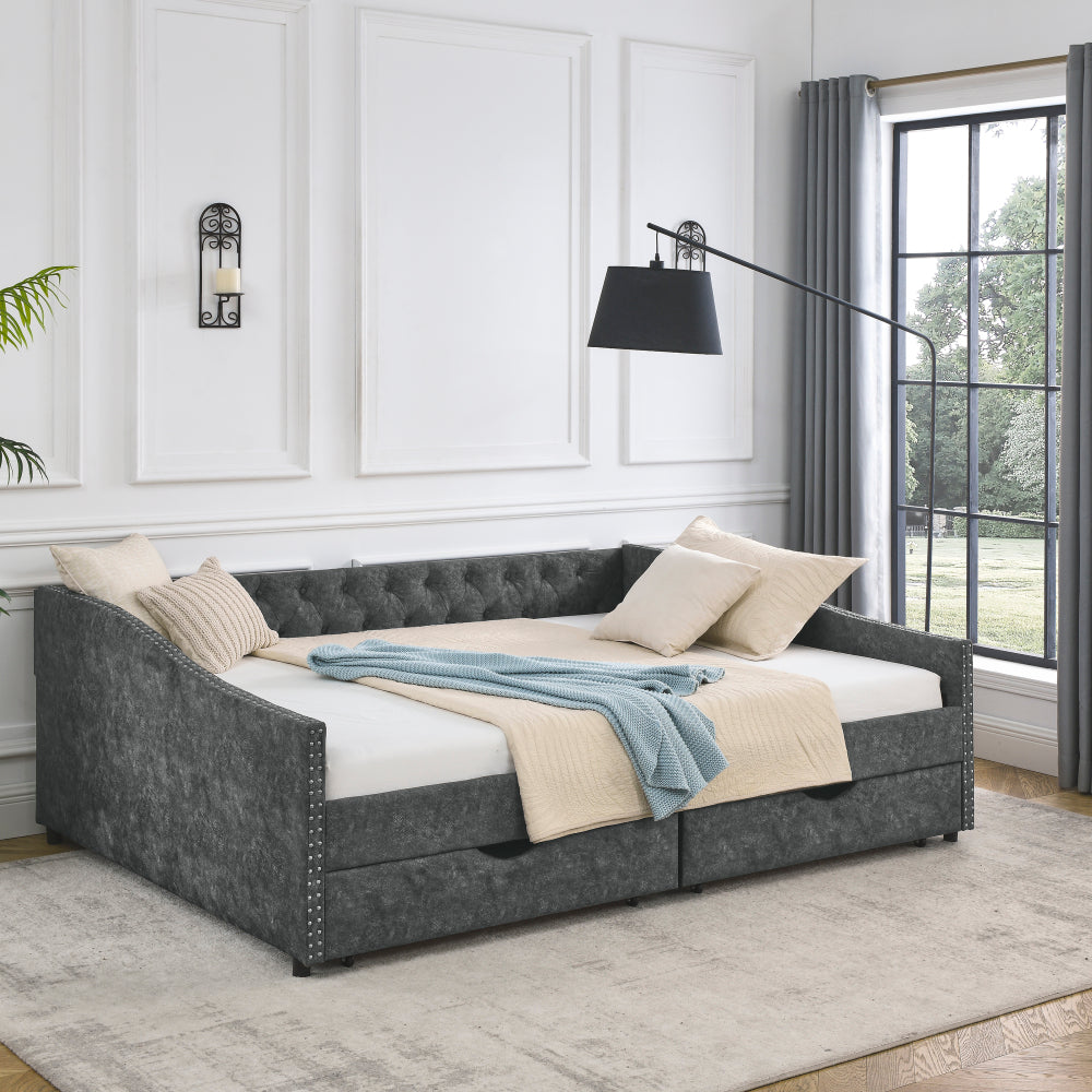 Queen Size Daybed with Drawers Upholstered Tufted Sofa Bed,,with Button on Back and Copper Nail on Waved Shape Arms, Beige (84.5"x63.5"x26.5")