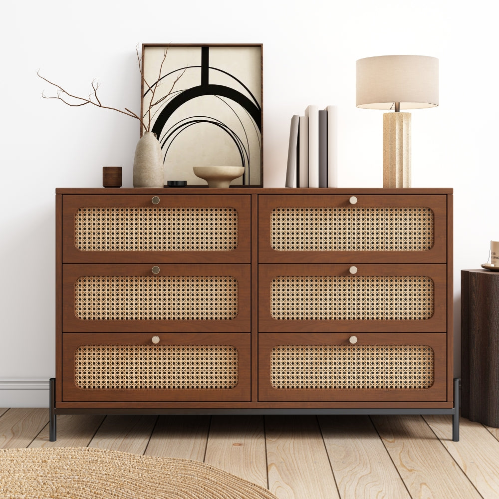 Modern Cannage Rattan Wood Closet 6-Drawer Dresser Wood Storage Cabinet Sideboard for Bedroom, Living Room, Entryway, Hallway, Black (Old SKU:WF303224AAB)