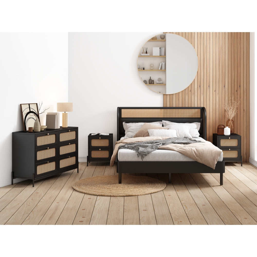 Modern Cannage Rattan Wood Closet 6-Drawer Dresser Wood Storage Cabinet Sideboard for Bedroom, Living Room, Entryway, Hallway, Black (Old SKU:WF303224AAB)