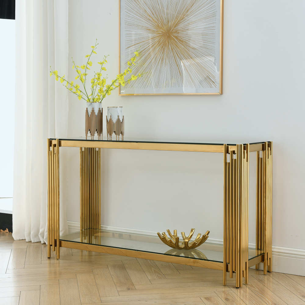 Woker Furniture 20" Wide Square End Table with Black Glass Top, Golden Stainless Steel Tempered Glass End Table for Living Room&Bed Room