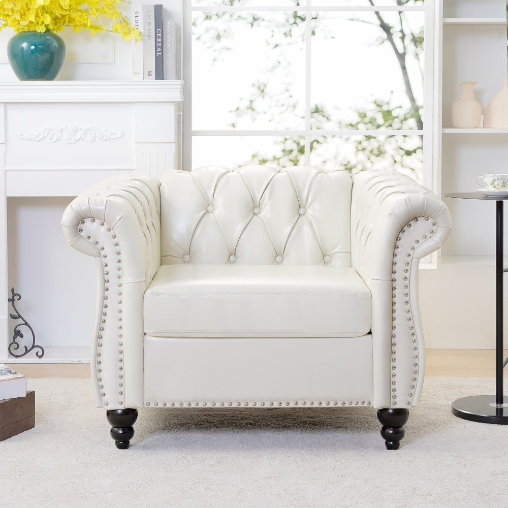 84.65" BLACK PU Rolled Arm Chesterfield Three Seater Sofa.