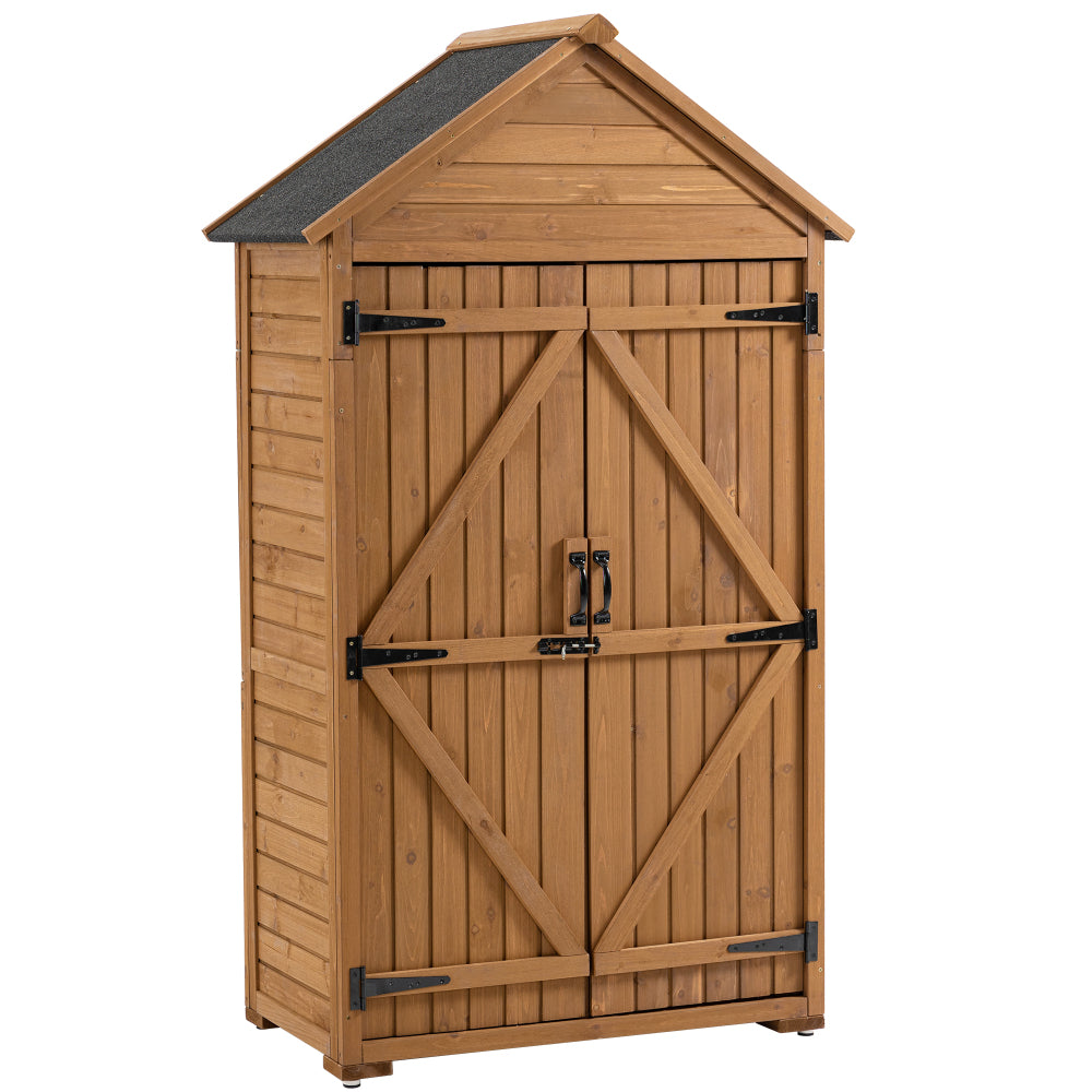 Outdoor Storage Cabinet, Wood Garden Shed, Pool Storage Shed with Lockable Door, Waterproof Roof and 2 Removable Shelves, Vertical Outside Storage Shed for Patio, Backyard and Lawn