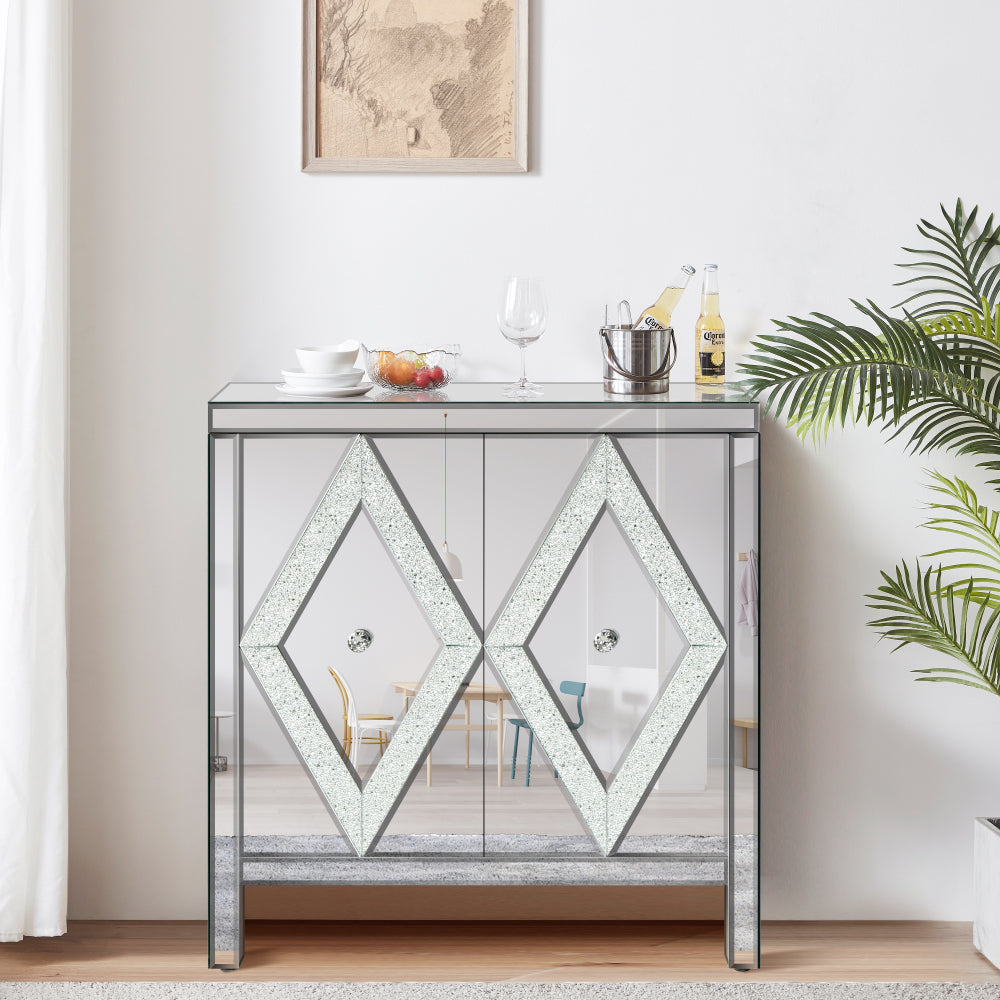 Mirrored TV Stand for 65+ inch TV,Sliver TV Console Table with Open Storage & 2 Storage Cabinets ,M Shape Sparkling Mirror Doors for Living Room(59''W x 25.2''H x 15.7D)