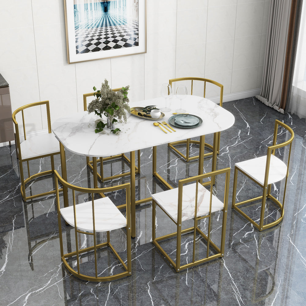 TOPMAX Modern 7-Piece Dining Table Set with Faux Marble Compact 55Inch Kitchen Table Set for 6, White+Cherry