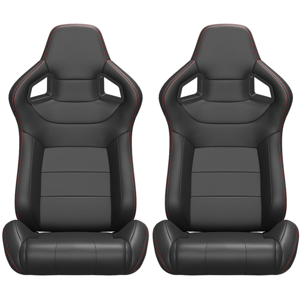 2PC Universal Bucket Racing Seats Red Stitch Red PVC Leather Reclinable Carbon Look Leather Back With Adjustor Slider(Not Including Seat Bracket ) 1 box of 2 pieces