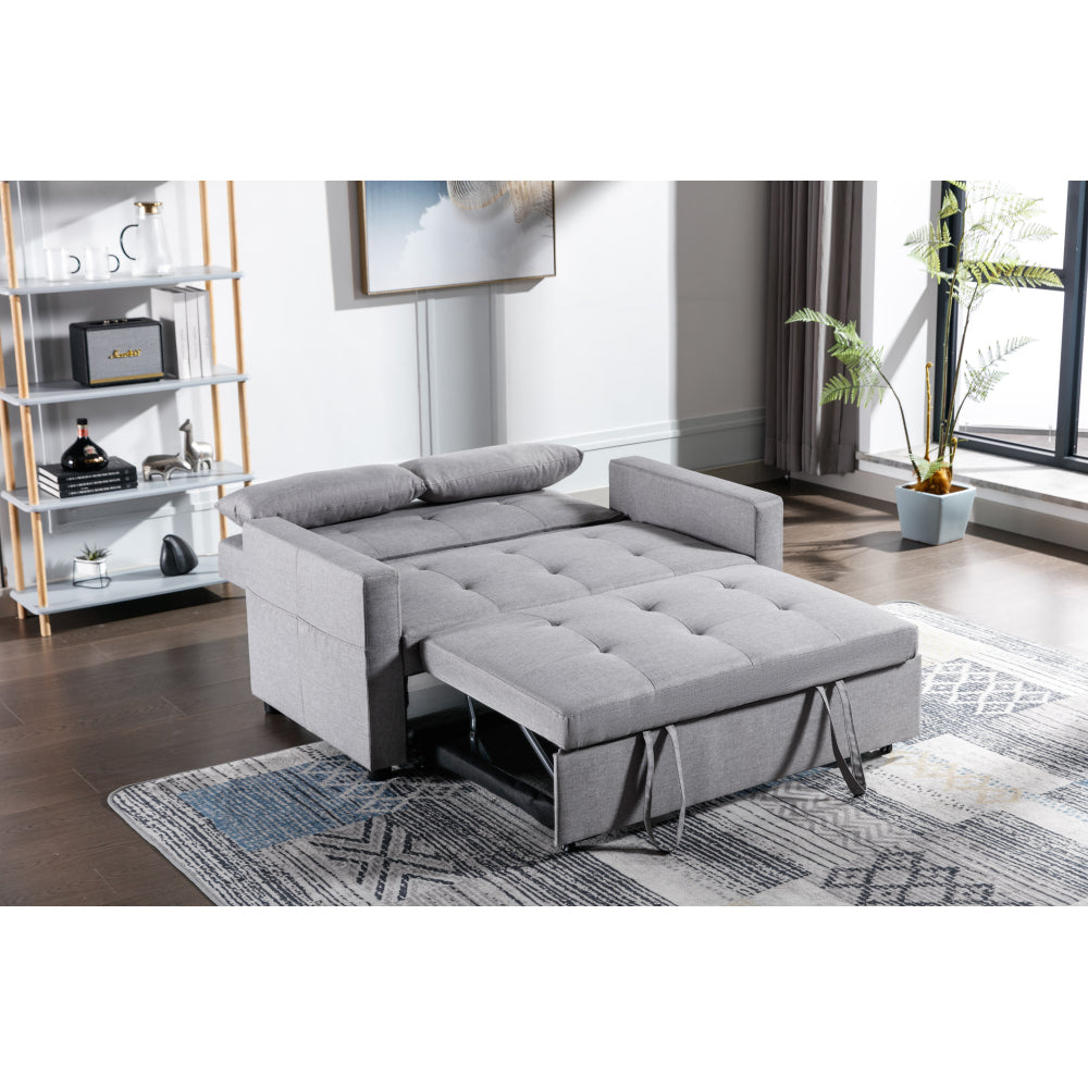 Light Grey Linen Fabric 3-in-1 Convertible Sleeper Loveseat with Side Pocket.