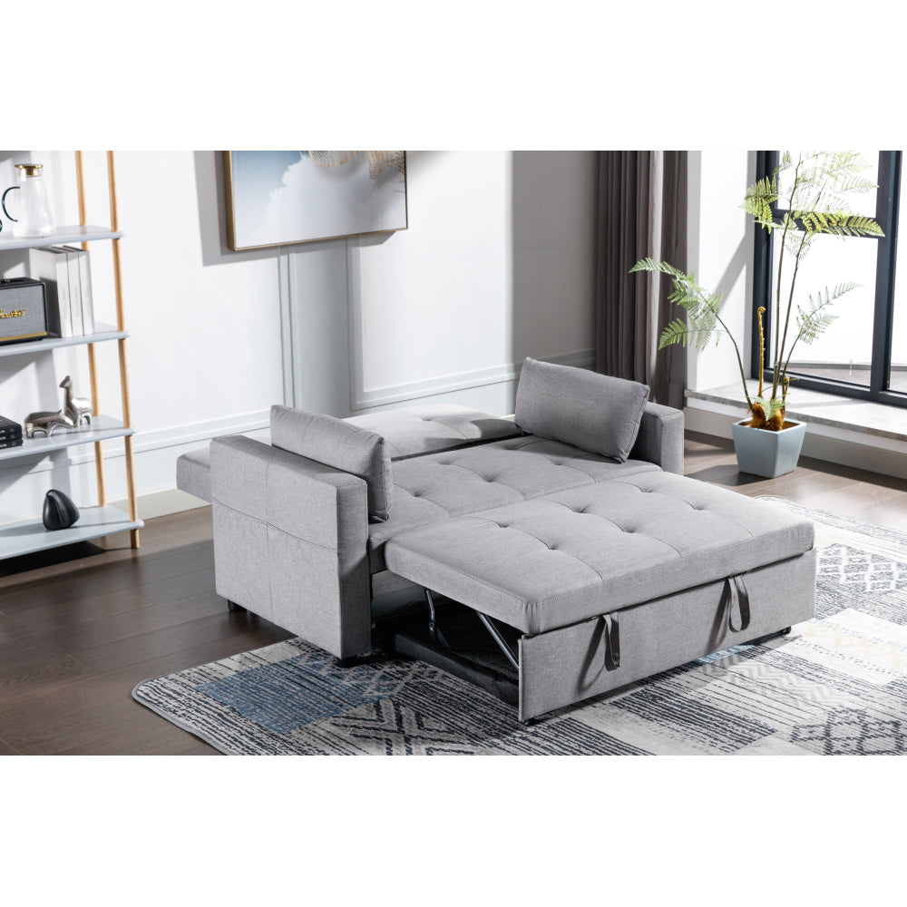 Light Grey Linen Fabric 3-in-1 Convertible Sleeper Loveseat with Side Pocket.