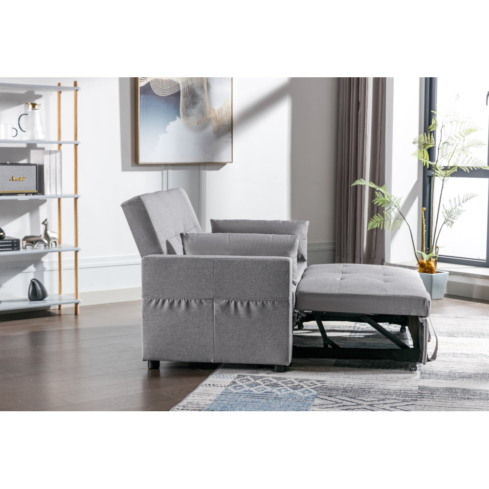 Light Grey Linen Fabric 3-in-1 Convertible Sleeper Loveseat with Side Pocket.