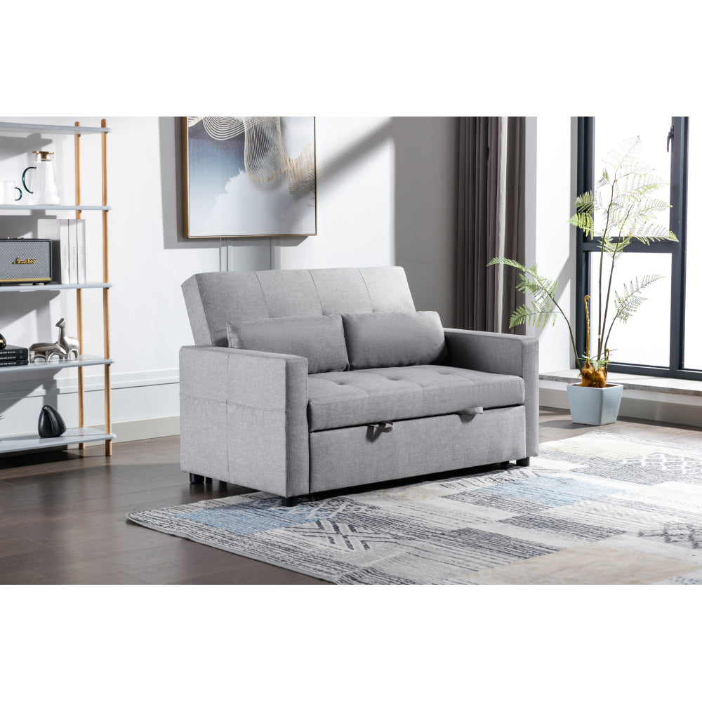Light Grey Linen Fabric 3-in-1 Convertible Sleeper Loveseat with Side Pocket.