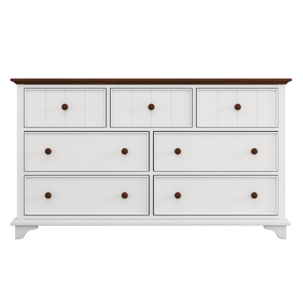 Wooden Captain Seven-Drawer Dresser for Bedroom, Living Room, Kids' Room, White+Walnut
