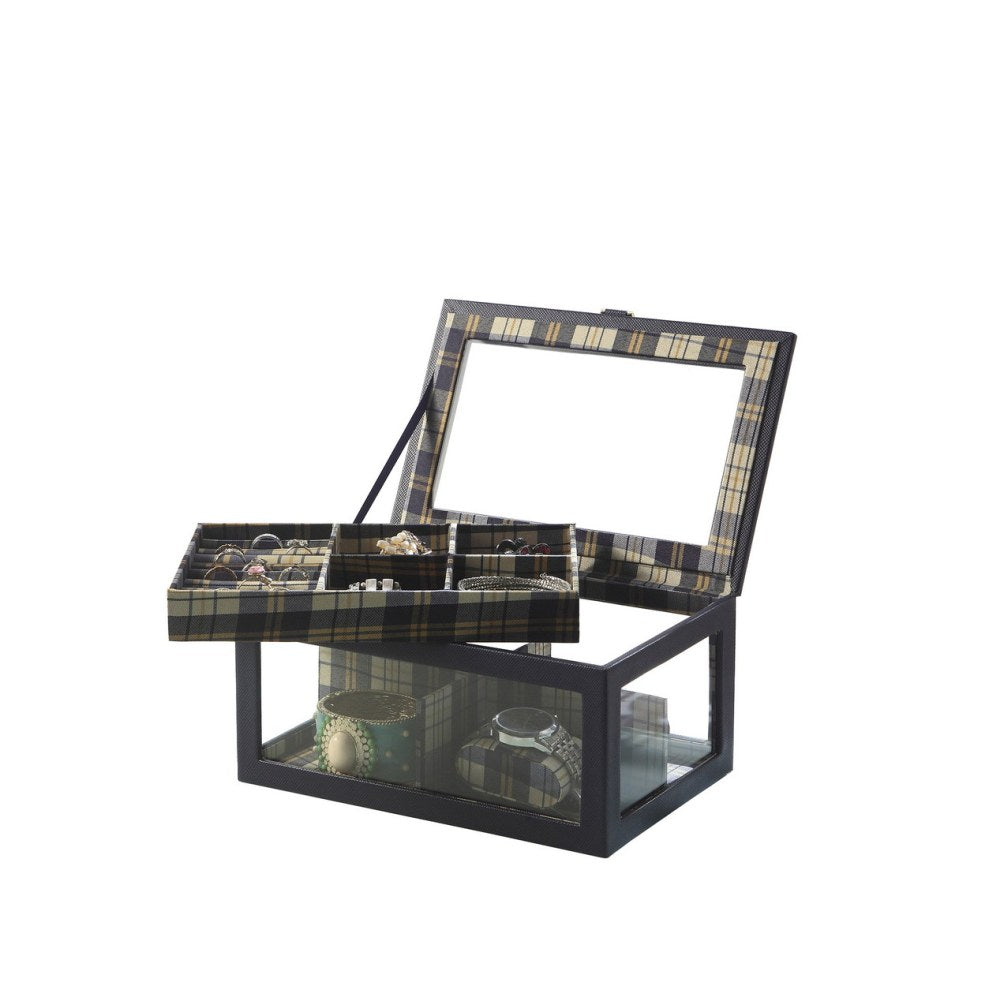 9.8" Long Tempered Glass and Leather Jewelry Case / Watch Display, Blue