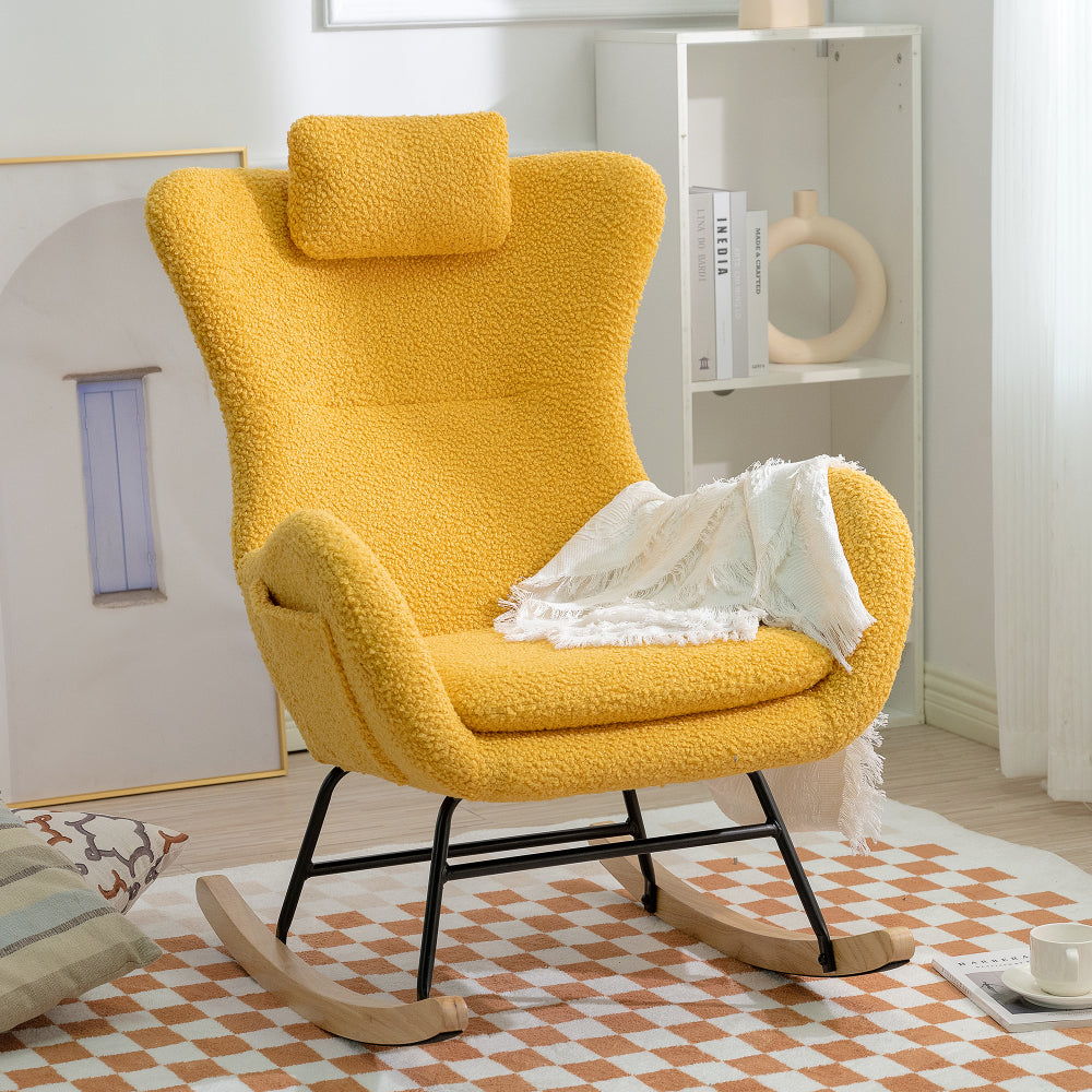 Rocking Chair Nursery, Teddy Upholstered Rocker Glider Chair with High Backrest, Adjustable Headrest & Pocket, Comfy Glider Chair for Nursery, Bedroom, Living Room, Offices, Rubber wood, beige