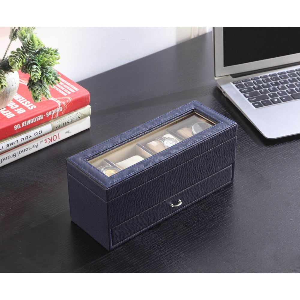 9.3" Long Tempered Glass and Leather Jewelry / Watch Display with Drawers, Blue