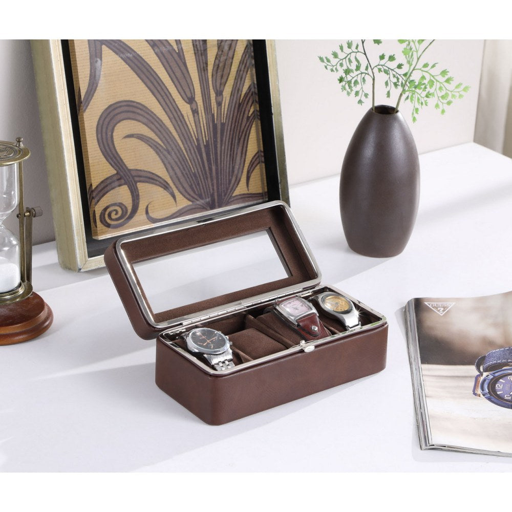 8" Long Tempered Glass and Leather 4-Slot Watch Display Case, Brown